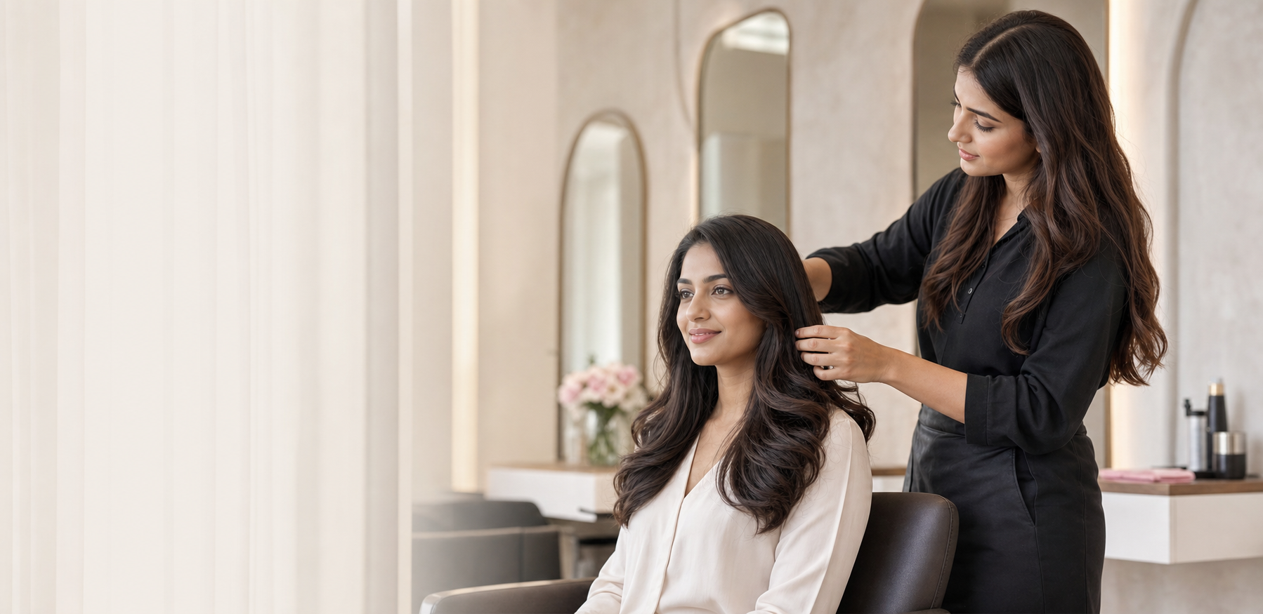 Stylist finishing a guest's soft waves in an elegant salon